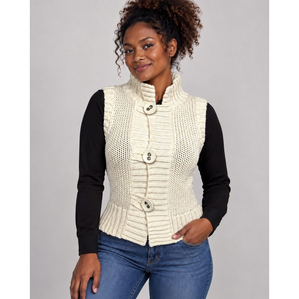 Bebe Women's S Ivory Chunky Knit Wool Blend Sweater Vest High Neck Button Y2K